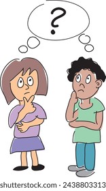 Two children a white girl and black boy with a thought bubble with a question mark over their heads. Cartoon vector illustration.