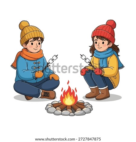 Two children in winter clothing sit by a campfire, roasting marshmallows on sticks.
