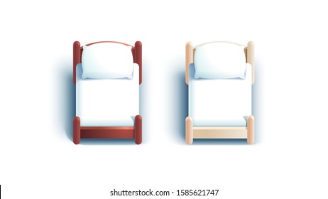 Two children wooden beds in kindergarten or at home. Top view of empty beds with pillows and bedding. Indoor bedroom furniture. Bedtime & rest. Flat vector isolated illustration on white background