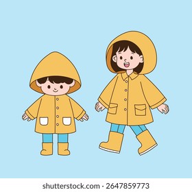 Two children in yellow raincoats. minimal line illustration.