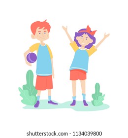 Two children-football players in uniform with a ball, are engaged in sports