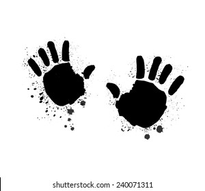 two children`s dirty black hands, white background, hand print, hands in ink, inky blots