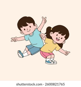 Two children's friends are happily posing. minimal line art vector illustration.