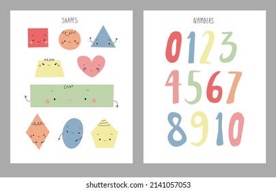 Dos afiches para niños. Cifras geométricas y números con caras. Preescolar, educación escolar, conjunto. Para niños pequeños, bebés, niños. Para jardines de infancia o habitaciones.
