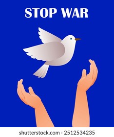 Two child's hands throw a dove to the sky on the blue background. Inscription Stop war. Vector illustration.