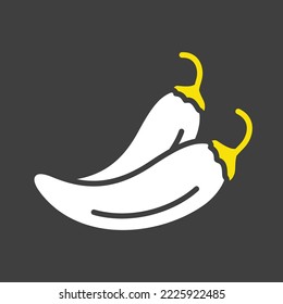 Dos pimientos de chile aislado diseño glifo vector en icono de fondo oscuro. Señal de verduras. Símbolo gráfico del sitio web de comida y bebida, diseño de aplicaciones, aplicaciones móviles y medios impresos, logotipo, interfaz de usuario