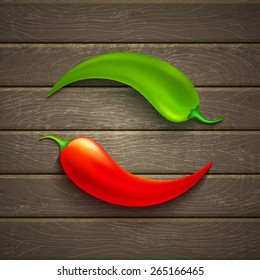 Two chili peppers on wooden background 