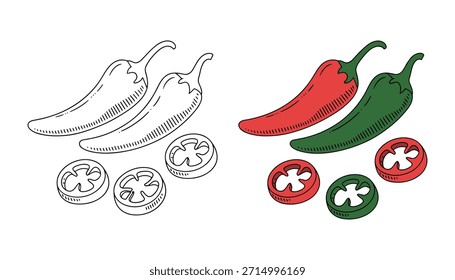 Two chili peppers one red one green with sliced chili rings in red and green red chili green chili