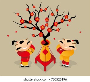 Two Chinese boys greet each other to celebrate new year coming