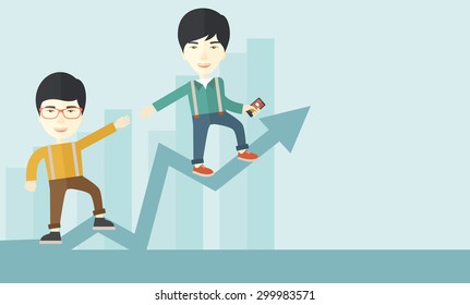 A two chinese businessmen helping each other in growing business leading to success. Partnership concept. A contemporary style with pastel palette soft blue tinted background. Vector flat design