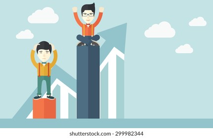 A two chinese businessmen. Man on top is happy while sitting and man in bottom is sad while standing. Rivalry concept. A contemporary style with pastel palette soft blue tinted background with