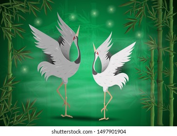 two Chinese cranes dancing among the bamboo thickets on a green background