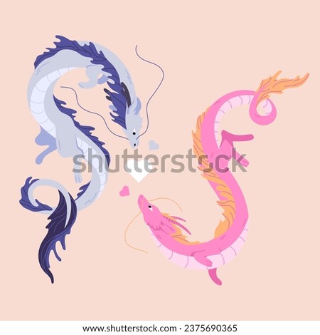 Two Chinese dragon fly around hearts. Flat vector illustration for design February calendar or Valentines day card. Romance dragons in trendy style. Symbol of New Year 2024. Traditional chinese dragon