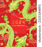 Two chinese dragons new year 2024 card with auspicious clouds and decorative flowers, plum blossoms in background. Year of the dragon vector template card with text frame, dragons framing text space.