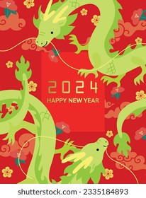 Two chinese dragons new year 2024 card with auspicious clouds and decorative flowers, plum blossoms in background. Year of the dragon vector template card with text frame, dragons framing text space.