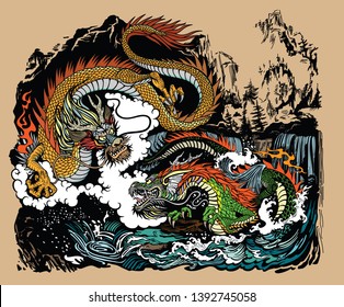 Two Chinese East Asian dragons in the landscape with waterfalls, mountains, clouds and water waves. Graphic style vector illustration