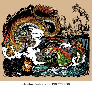 Two Chinese East Asian dragons encircling a flaming pearl. Landscape with waterfalls, mountains, clouds and water waves. Graphic style vector illustration