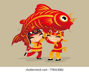 Two Chinese kids carrying a big carp to celebrate Chinese New Year coming