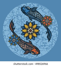 Two Chinese koi carp and lotus flowers. Symbol of harmony and love. Background in the Chinese style. Hand drawn. Vector illustration.