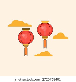 Dos faroles chinos flotando entre las nubes. Tema del Año Nuevo Chino. Cultura china. Ilustración vectorial.