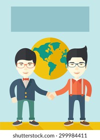 A two chinese men happily handshaking with their International or global world corporation business. Partnership concept. A Contemporary style with pastel palette, soft blue tinted background. Vector