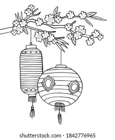 Dos farolillos chinos de papel colgados en el brunch arbóreo con flores florecientes. Ilustración de esbozo de vector dibujado a mano