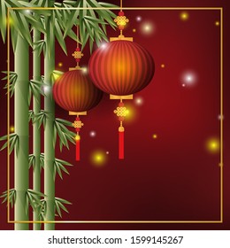 Two Chinese red lanterns hanging on bamboo tree on red background with gold color frame with your copy space. Vector illustrator for Chinese New Year background or banner.