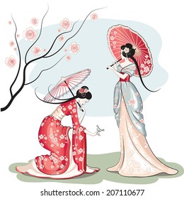 Two chinese women with parasols