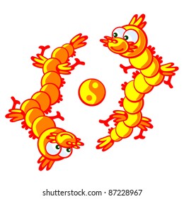 Two Chinese yellow dragon. The symbol of yin and yang. Vector isolated figure. The symbol of the Chinese New Year 2012.