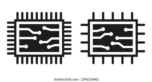 Two chip or microchip icons. Central computer processor, black chip symbol. Flat style. Vector illustration
