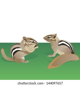 Two chipmunk in the meadow. Illustration on the theme of animals in nature.