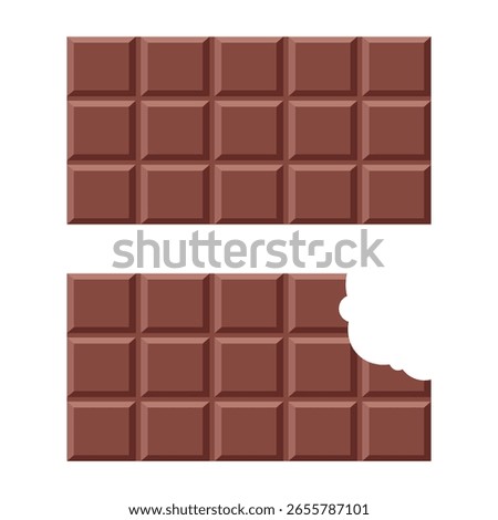Two Chocolate Bars. Whole and Bitten Chocolate Vector Illustration. The top bar is whole and intact, consisting of a 4x5 grid of raised square segments. The top chocolate bar is bitten.