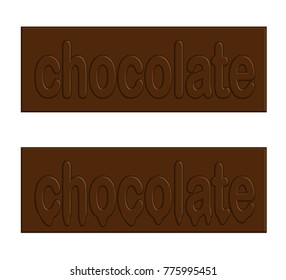 Two chocolate bars with the word chocolate on them, one of them is melting.