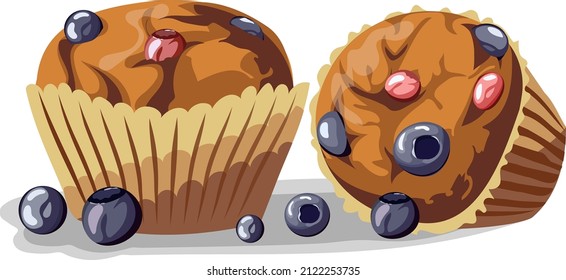 Two chocolate brown blueberry muffins lying next to each other, vector image isolated on white background