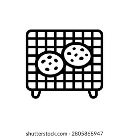 Two chocolate chip cookies cooling on a metal wire rack icon
