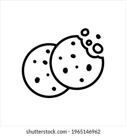 Two chocolate chip cookies icon of chocolate cake on white background. Simple cookie icon vector illustration. Bitten cookies silhouette or logo. Round black and white biscuit symbol isolated