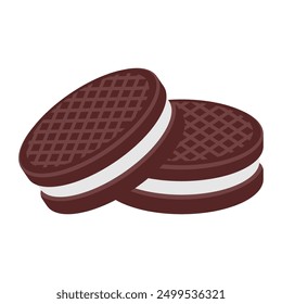 Dos galletas de chocolate con relleno blanco aptas para blogs de comida, panaderías, postres, amantes del chocolate, golosinas dulces y conceptos de bocadillos.