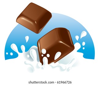 Two chocolate pieces falling in milk, blue background. Vector illustration. The same with strawberries and raspberries in portfolio.