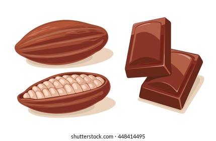 Two chocolate pieces and fruits of cocoa beans. Vector flat color illustration. Isolated on white background.