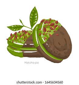 Two chocolate pies with matcha cream and glazing, decorated with green tea leaves. Vector food art
