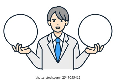 Two choices. Vector illustration of a high school boy in uniform making a comparison.