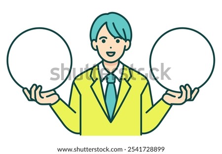Two choices. Vector illustration of a high school boy in uniform making a comparison.
