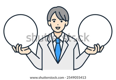 Two choices. Vector illustration of a high school boy in uniform making a comparison.