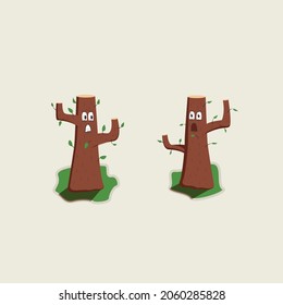 Two chopped off trees stand opposite each other with cartoon faces. One of them screams at the second tree. 