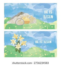 Two Christian Easter banners in watercolor style. Illustrations featuring the empty tomb of Jesus and blooming white lilies on green hills under a blue sky. Horizontal backgrounds with "He is Risen" text