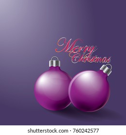 Two Christmas ball purple on purple background. Mary Christmas and Happy New Year.