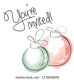 Two christmas balls in the corner. Hand drawn watercolor vector illustration for invitations, greeting and postal cards, market offers or holiday ads.