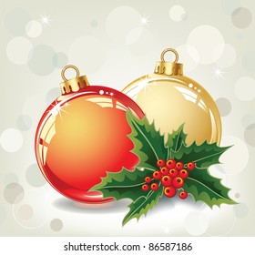 Dos bolas navideñas y un mistletoo en un fondo abstracto