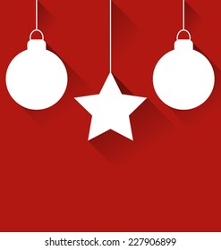 Two Christmas balls and star with effect of long shadows on red background