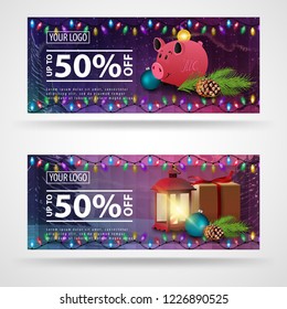 Two Christmas banners with beautiful winter landscape and antique lamp and piggy bank